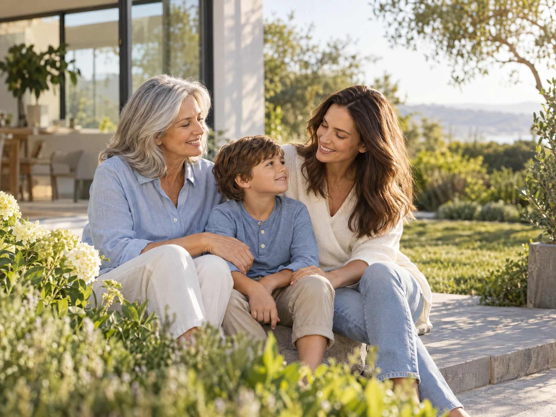 Three generations sharing a relaxed moment in a garden